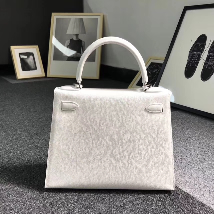 Hermès（爱马仕）纯白色 原厂御用顶级Epsom 皮Kelly 28 外缝 银扣