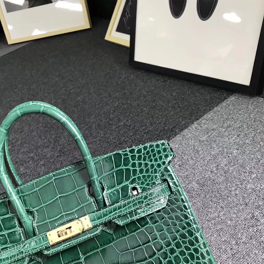 Hermes爱马仕 祖母绿 Birkin 25 金扣 亮面鳄鱼
