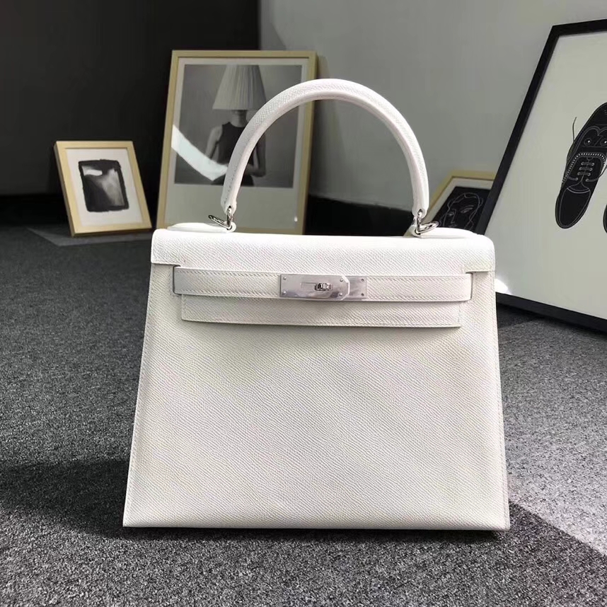 Hermès（爱马仕）纯白色 原厂御用顶级Epsom 皮Kelly 28 外缝 银扣