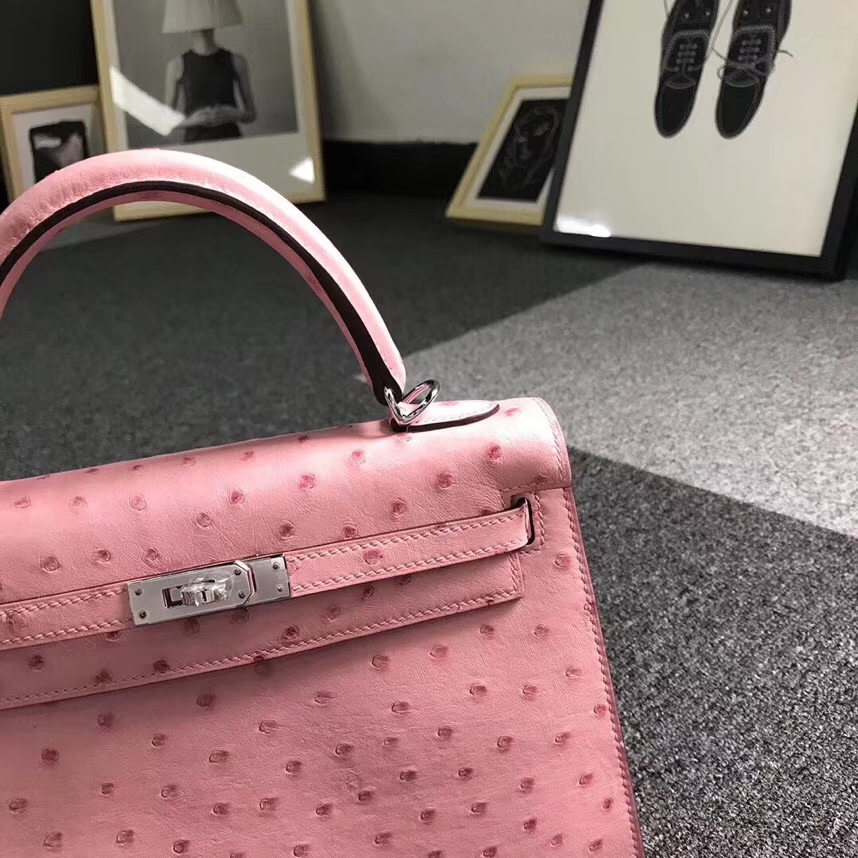 Hermès（爱马仕）陶瓷粉 原厂御用顶级KK鸵鸟皮 Kelly 25 外缝 银扣