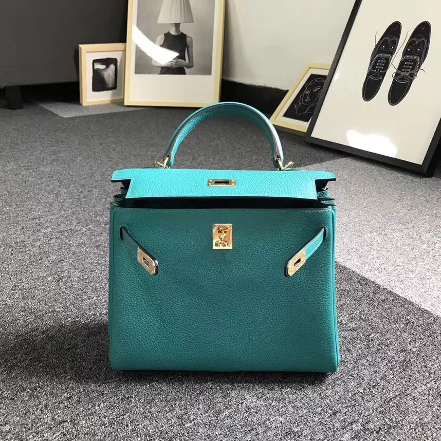 Hermès（爱马仕）7F孔雀蓝 原厂御用顶级小牛皮 Kelly 25 金扣