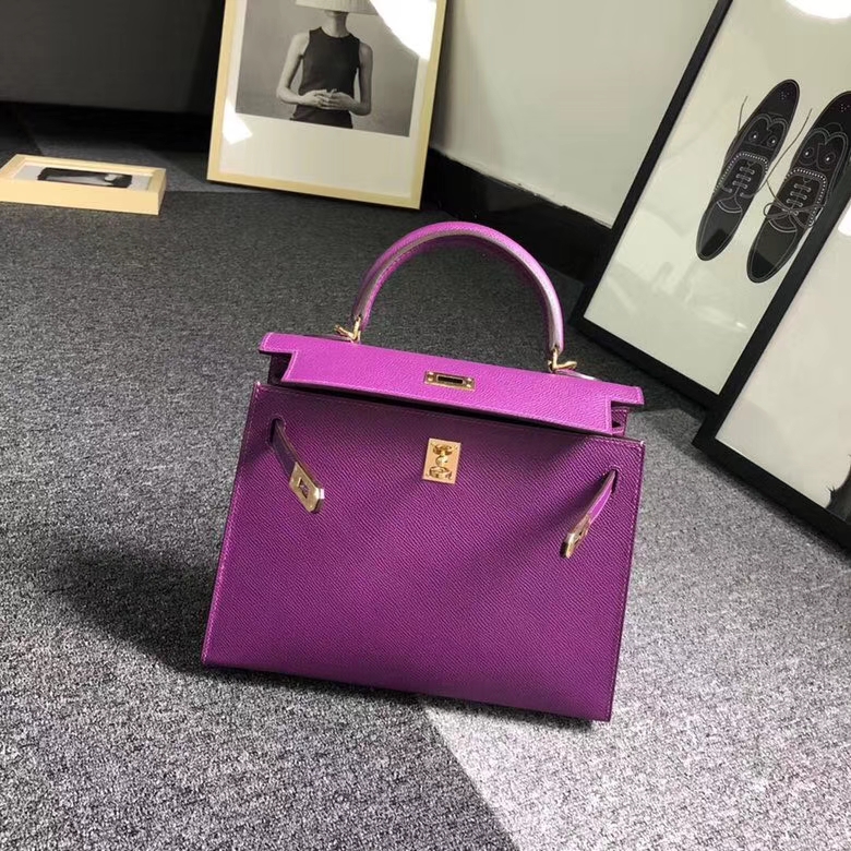 Hermes爱马仕 P9 海葵紫 原厂御用顶级Epsom 皮 Kelly 25 外缝 金扣