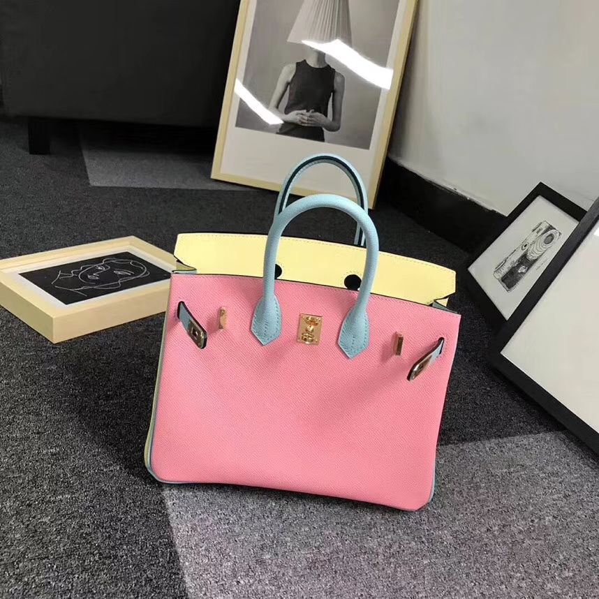 Hermes爱马仕 1Q奶昔粉拼3P马卡龙蓝拼1Z小鸡黄 原厂御用顶级Epsom 皮 Birkin 25 金扣