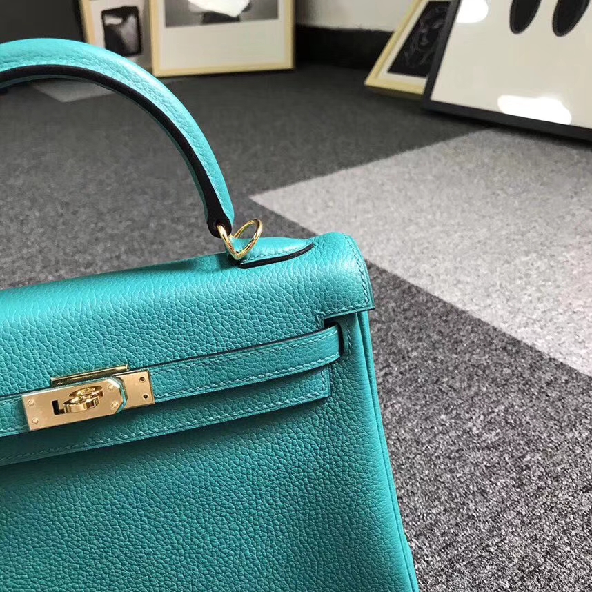 Hermès（爱马仕）7F孔雀蓝 原厂御用顶级小牛皮 Kelly 25 金扣