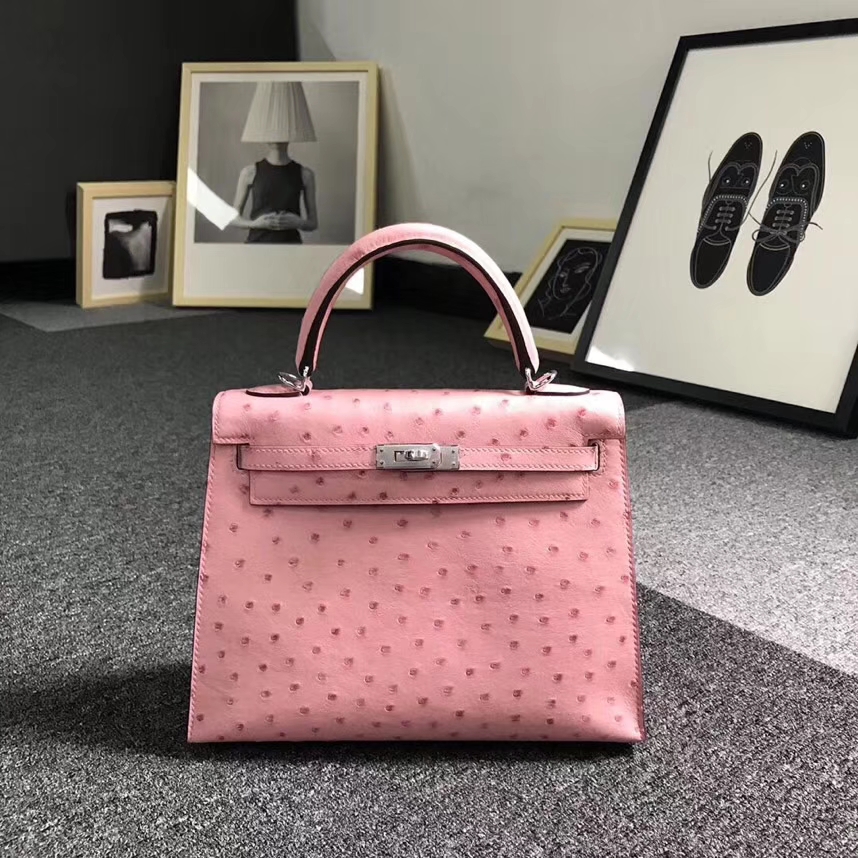 Hermès（爱马仕）陶瓷粉 原厂御用顶级KK鸵鸟皮 Kelly 25 外缝 银扣