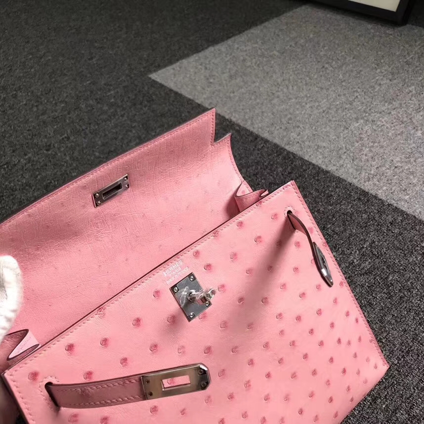 Hermès（爱马仕）陶瓷粉 原厂御用顶级KK鸵鸟皮 Kelly 25 外缝 银扣