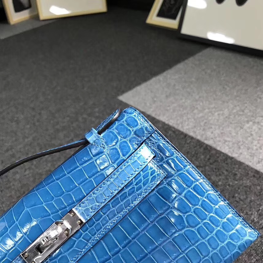 Hermès（爱马仕）7W伊兹密尔蓝 Mini Kelly 二代 银扣 亮面鳄鱼