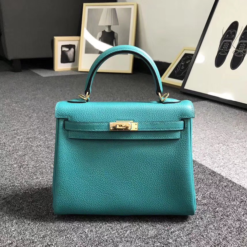 Hermès（爱马仕）7F孔雀蓝 原厂御用顶级小牛皮 Kelly 25 金扣