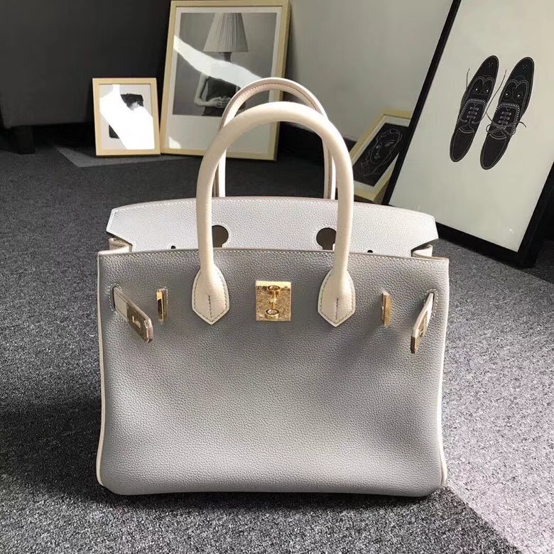 Hermès（爱马仕）4Z海鸥灰拼奶昔白 原厂御用顶级小牛皮 Birkin 30 金扣 现货