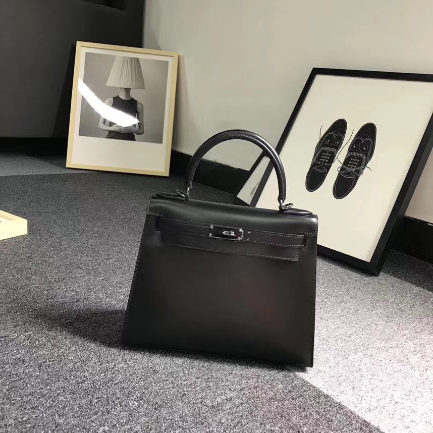 Hermes爱马仕 CK89 黑色 原厂御用顶级Box皮 Kelly 28 外缝 银扣