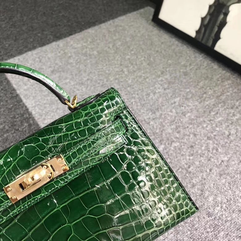 Hermes爱马仕 Mini Kelly  二代 墨绿色 亮面鳄鱼 金扣