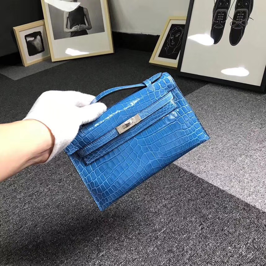 Hermès（爱马仕）7W伊兹密尔蓝 Mini Kelly 二代 银扣 亮面鳄鱼
