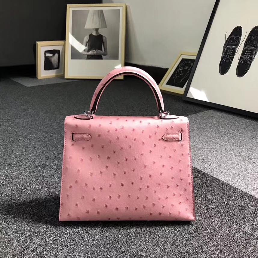 Hermès（爱马仕）陶瓷粉 原厂御用顶级KK鸵鸟皮 Kelly 25 外缝 银扣
