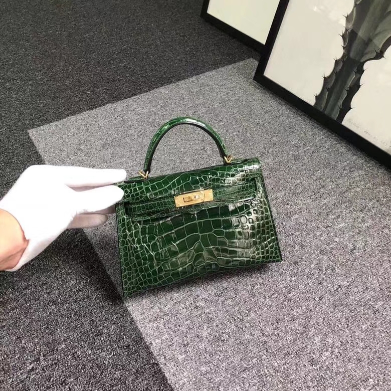 Hermes爱马仕 Mini Kelly  二代 墨绿色 亮面鳄鱼 金扣