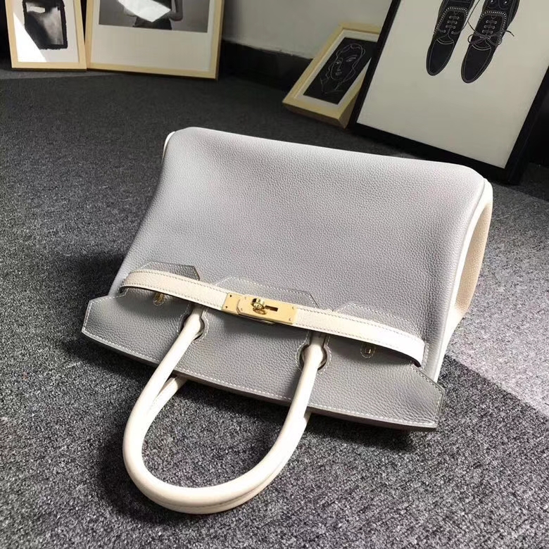 Hermès（爱马仕）4Z海鸥灰拼奶昔白 原厂御用顶级小牛皮 Birkin 30 金扣 现货