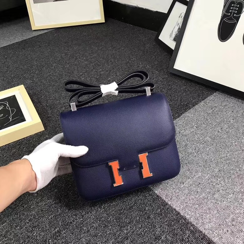 Hermes爱马仕 7K宝石蓝 原厂御用顶级Epsom 皮 Constance 24 罂粟橘色珐琅扣 现货