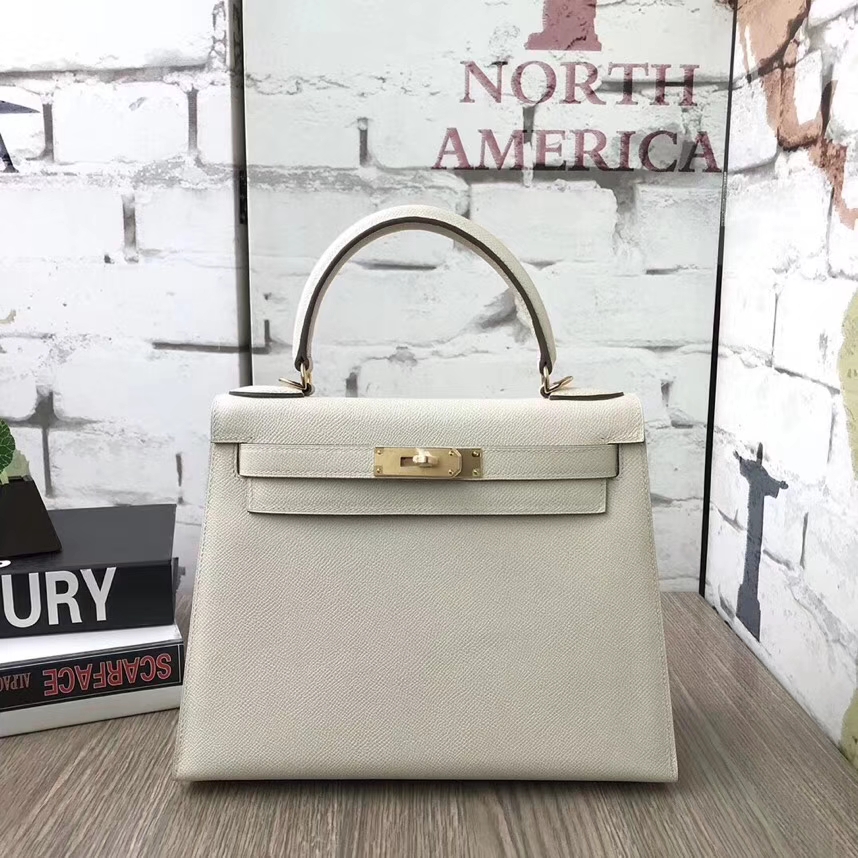 Hermès（爱马仕）奶昔白 原厂御用顶级Epsom 皮 Kelly 28 外缝 金扣