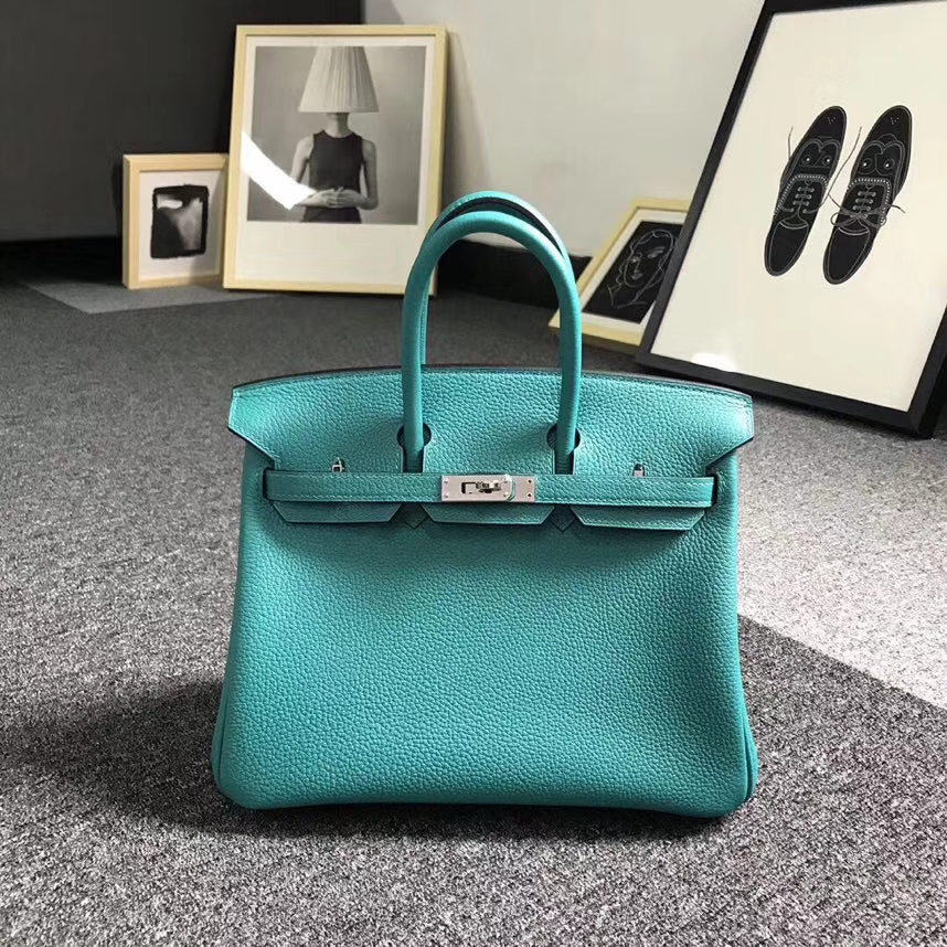 Hermès（爱马仕）7F孔雀蓝 原厂御用顶级小牛皮 Birkin 25 银扣
