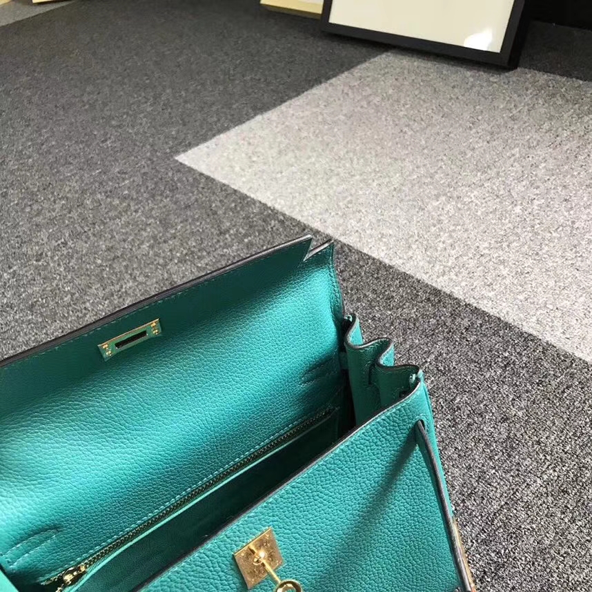 Hermès（爱马仕）7F孔雀蓝 原厂御用顶级小牛皮 Kelly 25 金扣