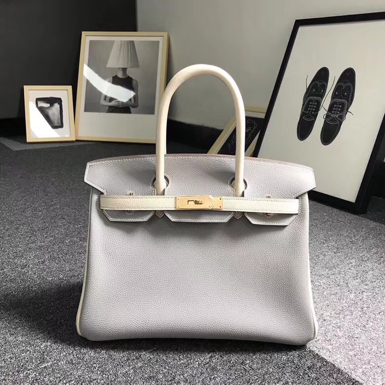 Hermès（爱马仕）4Z海鸥灰拼奶昔白 原厂御用顶级小牛皮 Birkin 30 金扣 现货