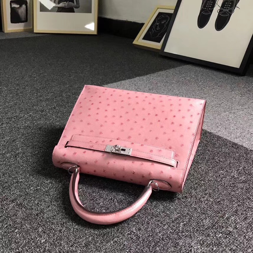Hermès（爱马仕）陶瓷粉 原厂御用顶级KK鸵鸟皮 Kelly 25 外缝 银扣