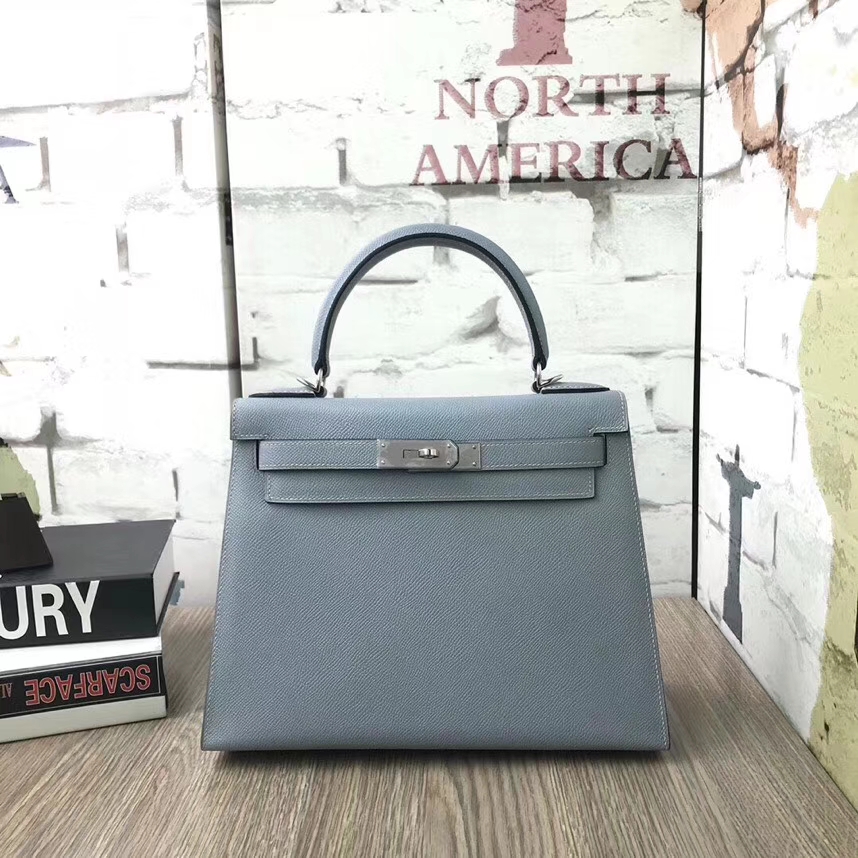 Hermès（爱马仕）J7 亚麻蓝 原厂御用顶级Epsom 皮 Kelly 28 外缝 银扣