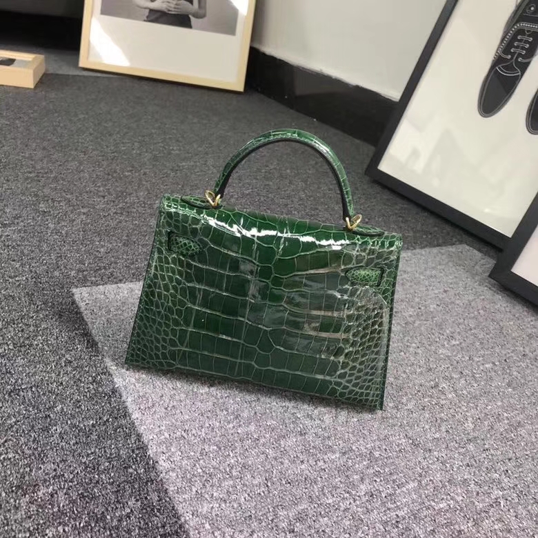 Hermes爱马仕 Mini Kelly  二代 墨绿色 亮面鳄鱼 金扣