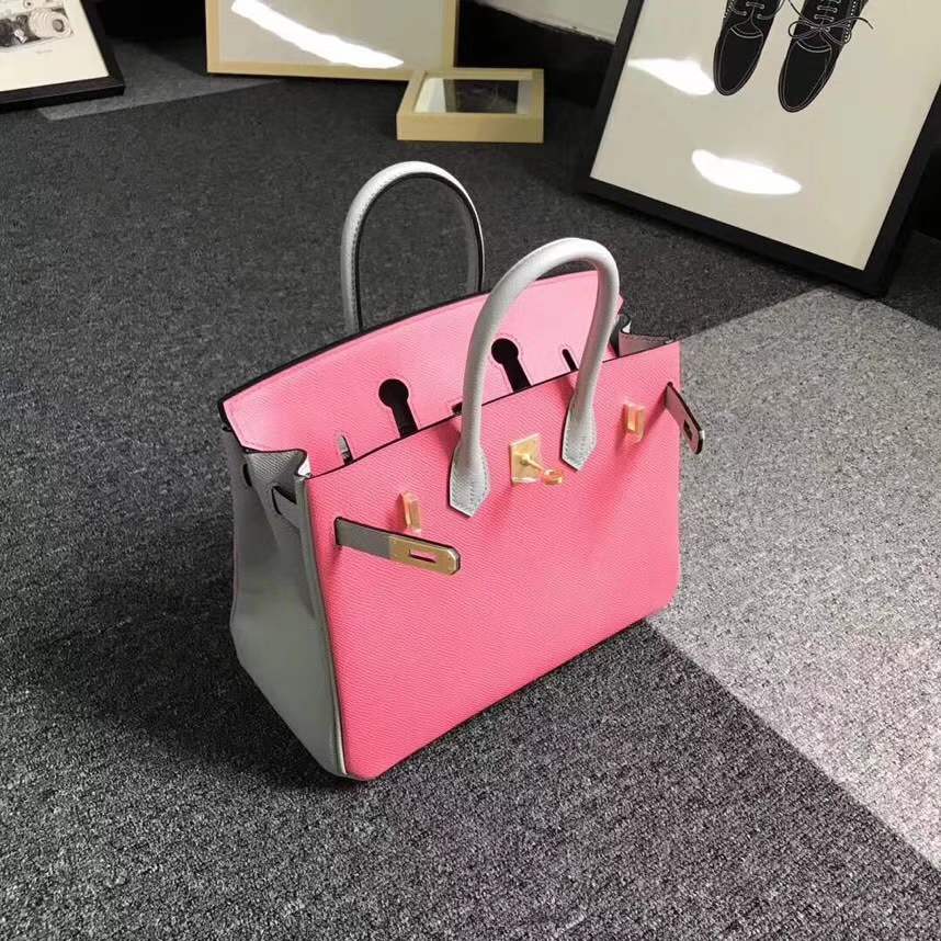 Hermes爱马仕 8W新唇膏粉拼4Z海鸥灰 原厂御用顶级Epsom 皮 Birkin 25 拉丝金扣