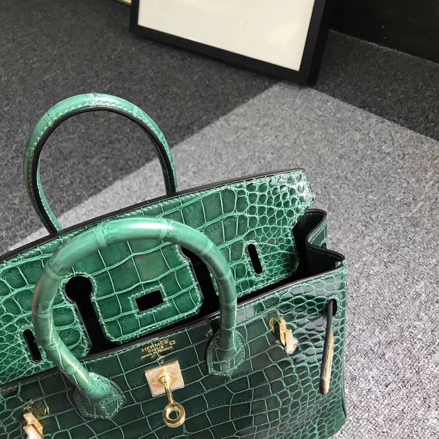 Hermes爱马仕 祖母绿 Birkin 25 金扣 亮面鳄鱼