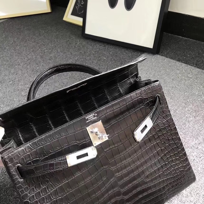 Hermes爱马仕 黑色 雾面湾鳄 银扣 Kelly 32 内缝