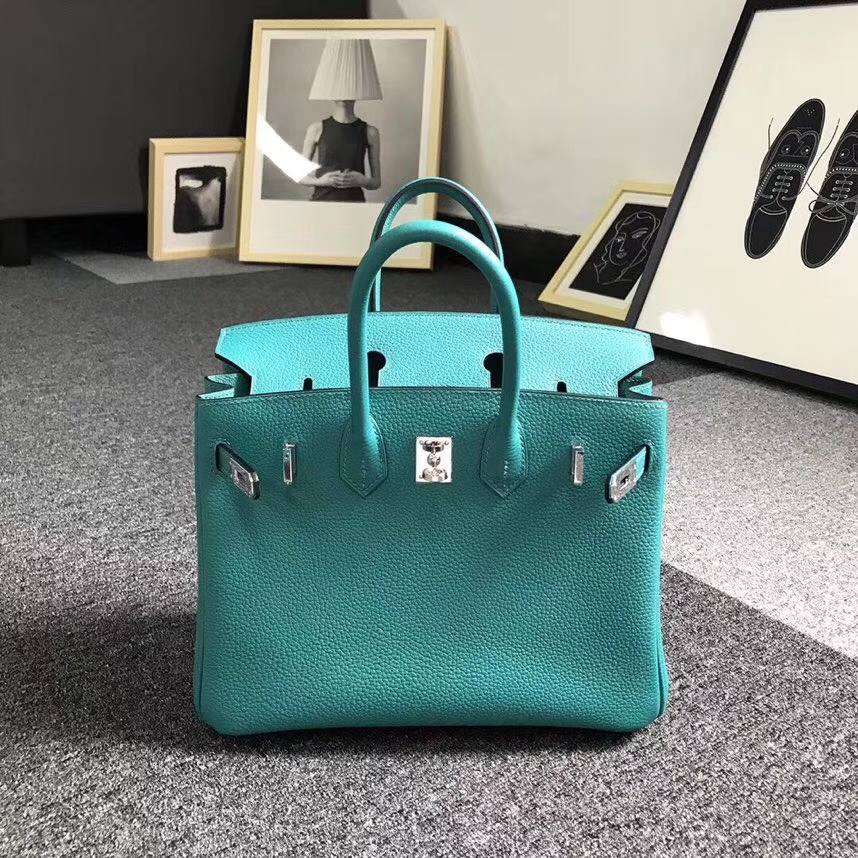 Hermès（爱马仕）7F孔雀蓝 原厂御用顶级小牛皮 Birkin 25 银扣