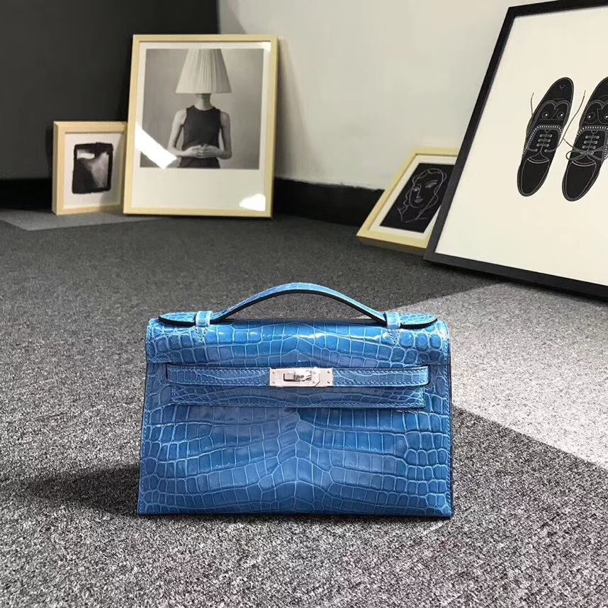 Hermès（爱马仕）7W伊兹密尔蓝 Mini Kelly 二代 银扣 亮面鳄鱼