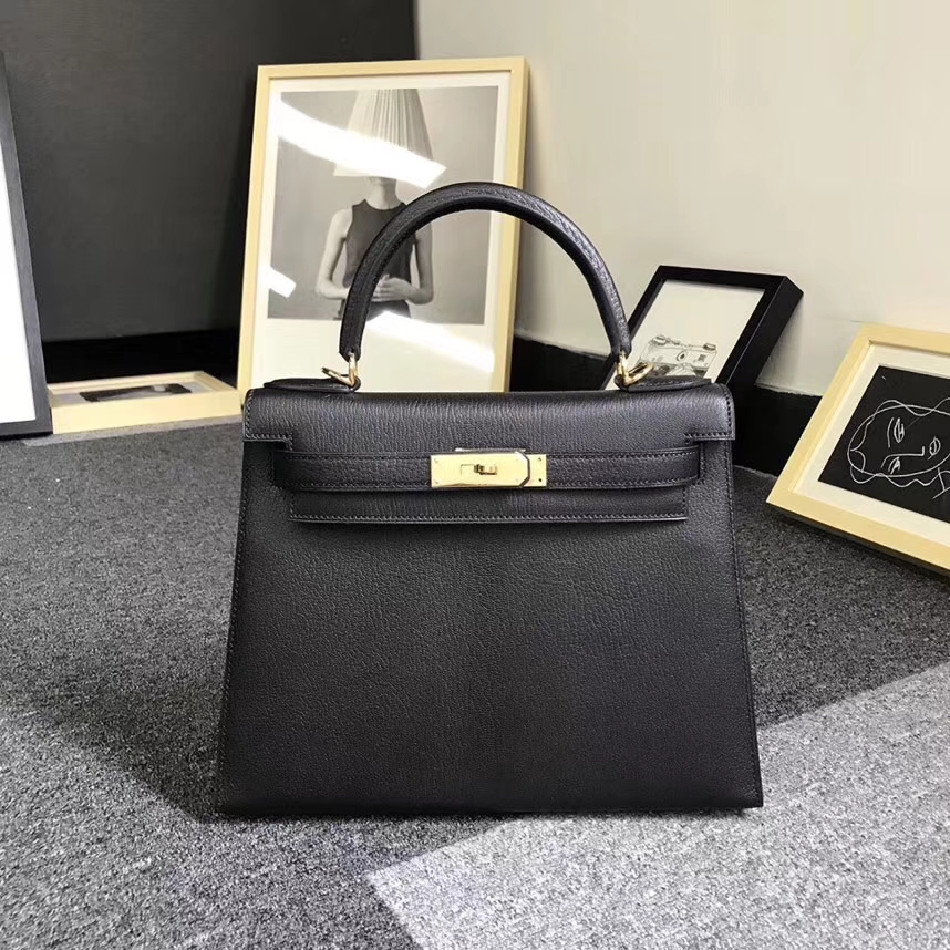 Hermès（爱马仕）CK89 黑色 原厂御用顶级山羊皮 Kelly 28 外缝 金扣