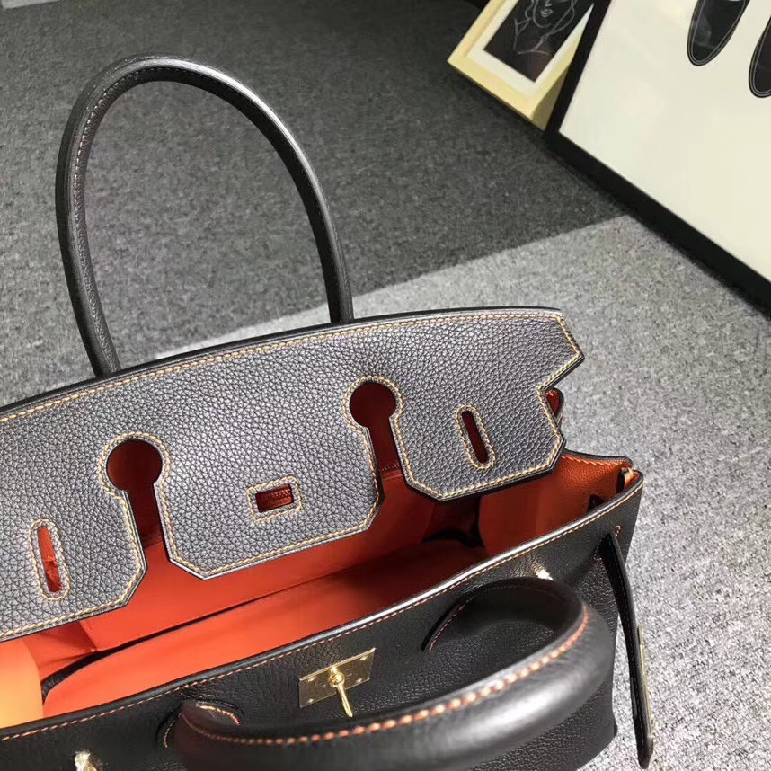 Hermès（爱马仕）黑色拼橙色 原厂御用顶级小牛皮 Birkin 30 金扣