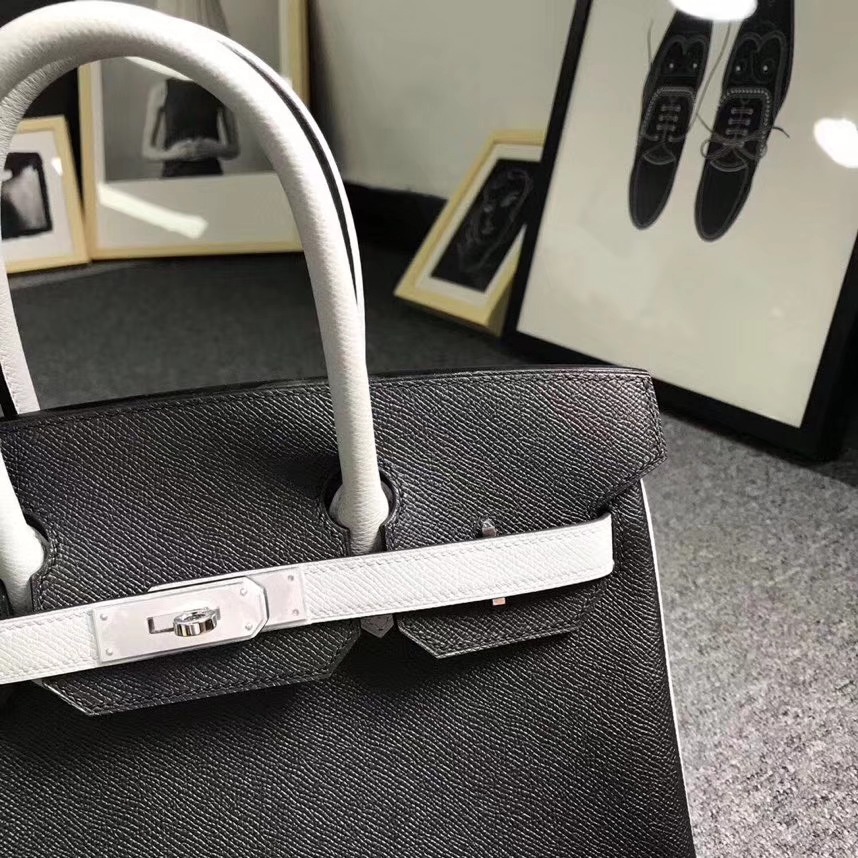 Hermès（爱马仕）黑色拼海鸥灰 原厂御用顶级Epsom 皮 Birkin 30 银扣