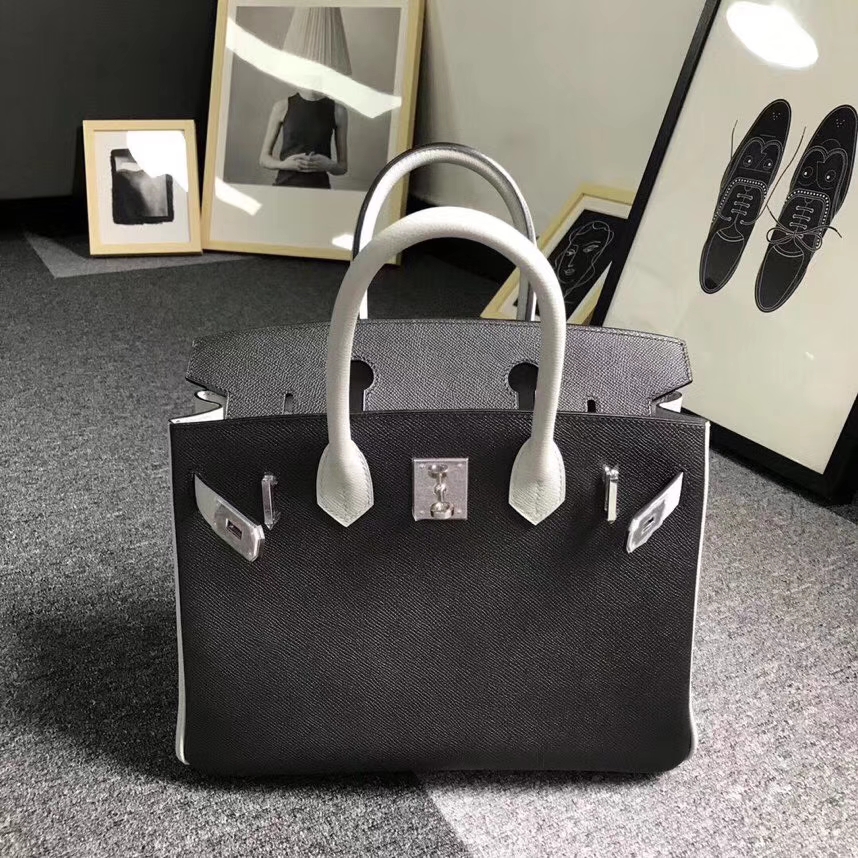 Hermès（爱马仕）黑色拼海鸥灰 原厂御用顶级Epsom 皮 Birkin 30 银扣