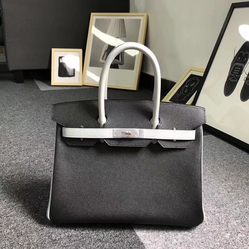Hermès（爱马仕）黑色拼海鸥灰 原厂御用顶级Epsom 皮 Birkin 30 银扣
