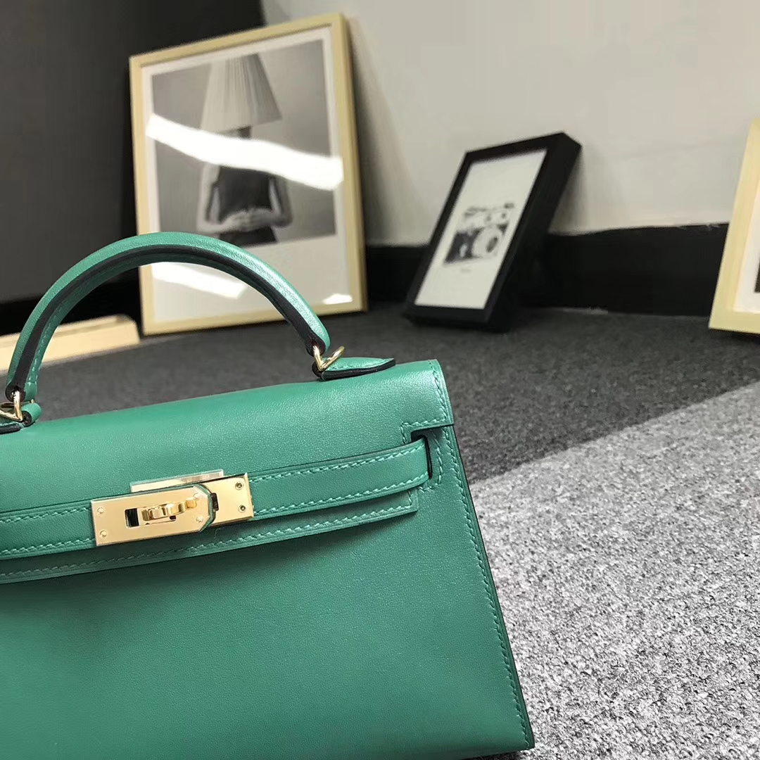 Hermès（爱马仕）U4 丝绒绿 原厂御用顶级Swift 皮 Mini Kelly 二代 金扣