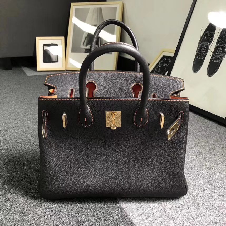 Hermès（爱马仕）黑色拼橙色 原厂御用顶级小牛皮 Birkin 30 金扣