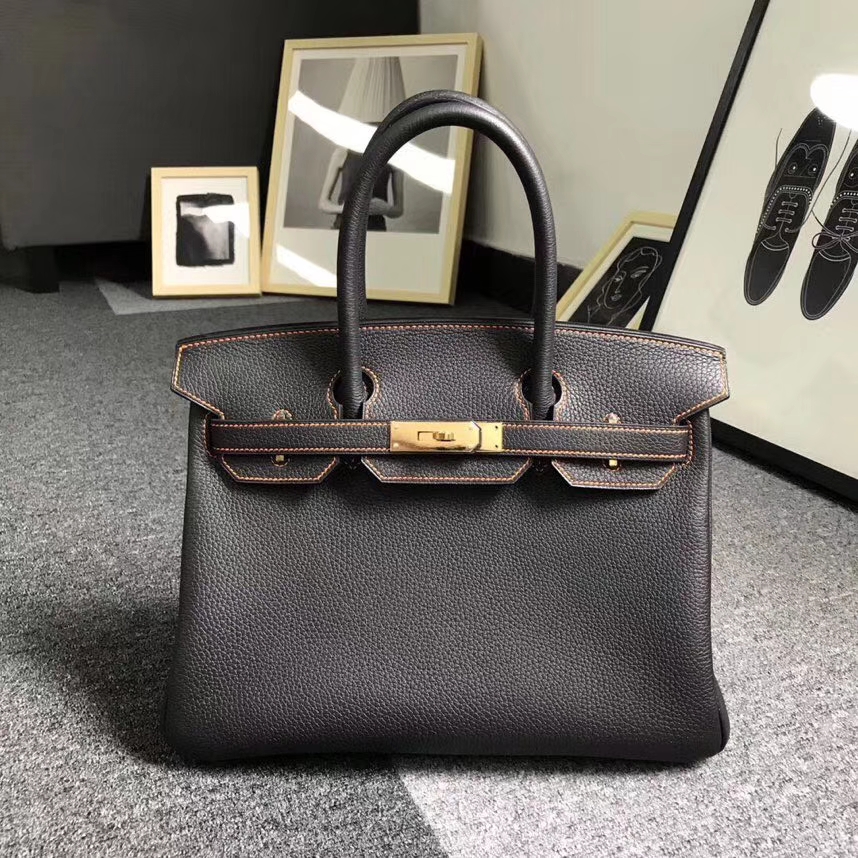Hermès（爱马仕）黑色拼橙色 原厂御用顶级小牛皮 Birkin 30 金扣