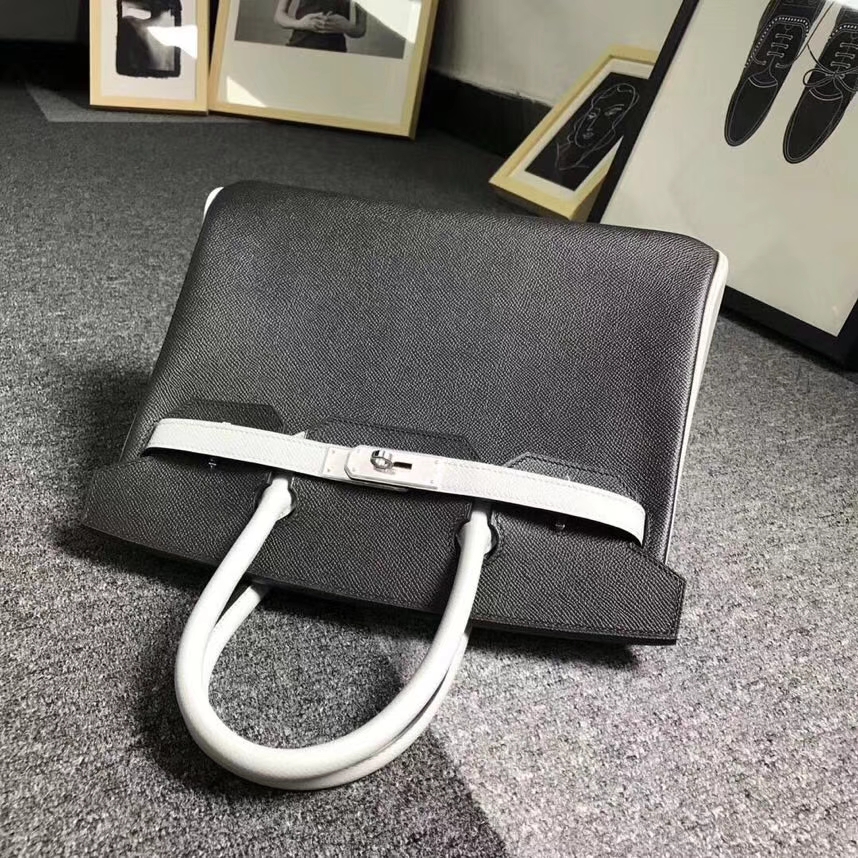 Hermès（爱马仕）黑色拼海鸥灰 原厂御用顶级Epsom 皮 Birkin 30 银扣