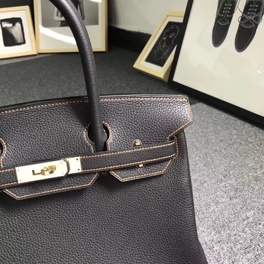 Hermès（爱马仕）黑色拼橙色 原厂御用顶级小牛皮 Birkin 30 金扣