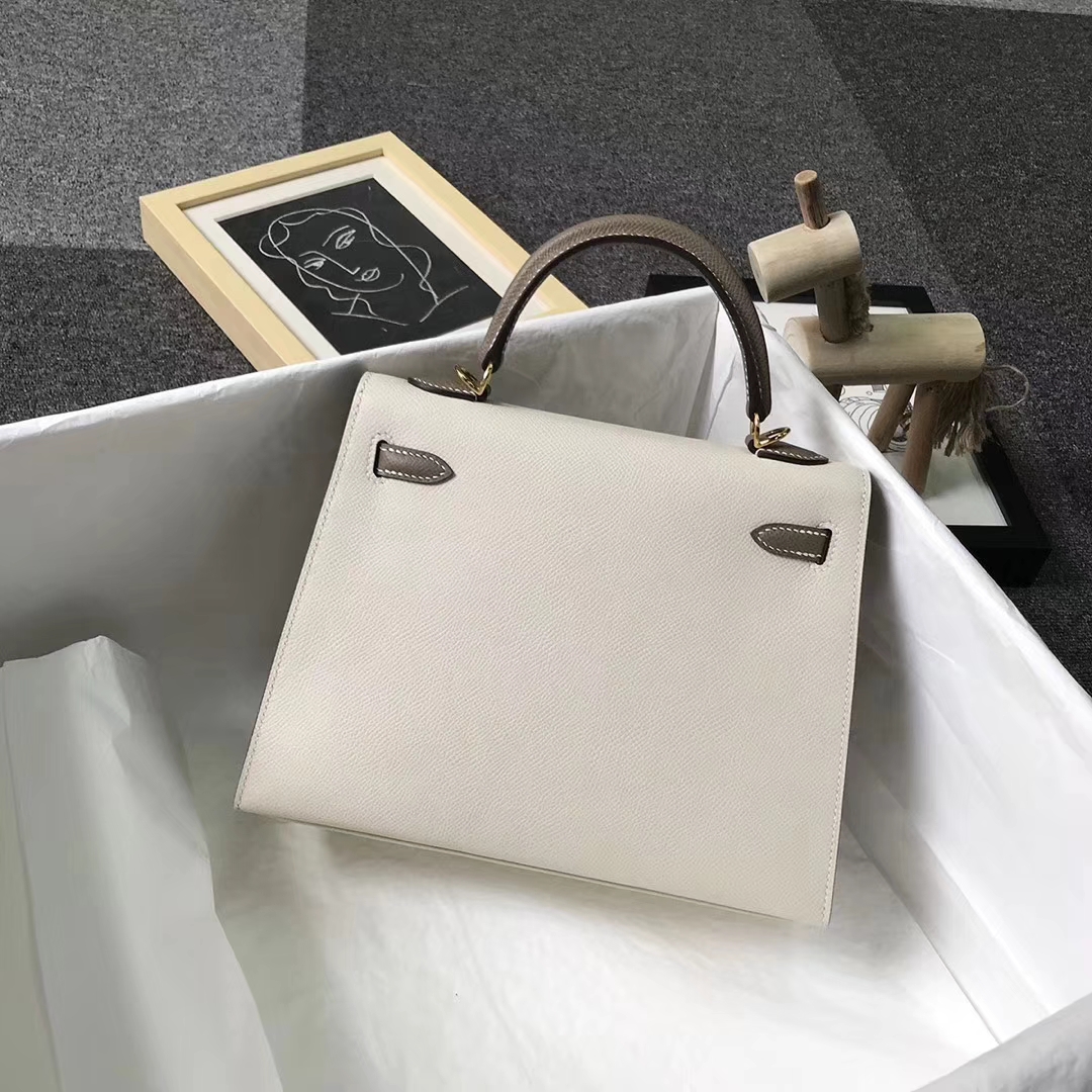 Hermès（爱马仕）奶昔白拼大象灰 epsom皮 Kelly25 外缝 金扣