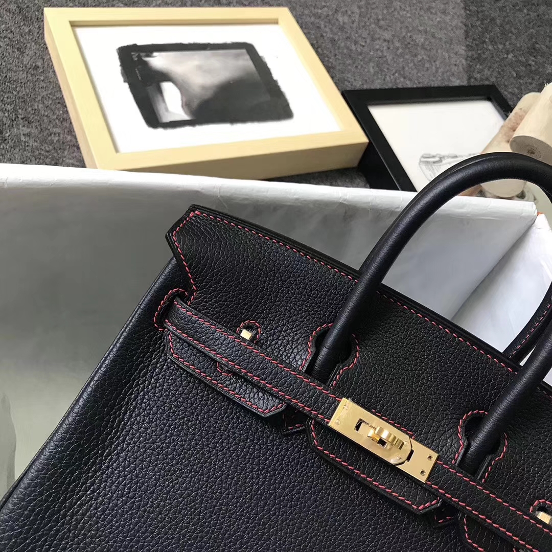 Hermès（爱马仕）黑色皮极致粉 原厂御用顶级小牛皮 Birkin 25 金扣