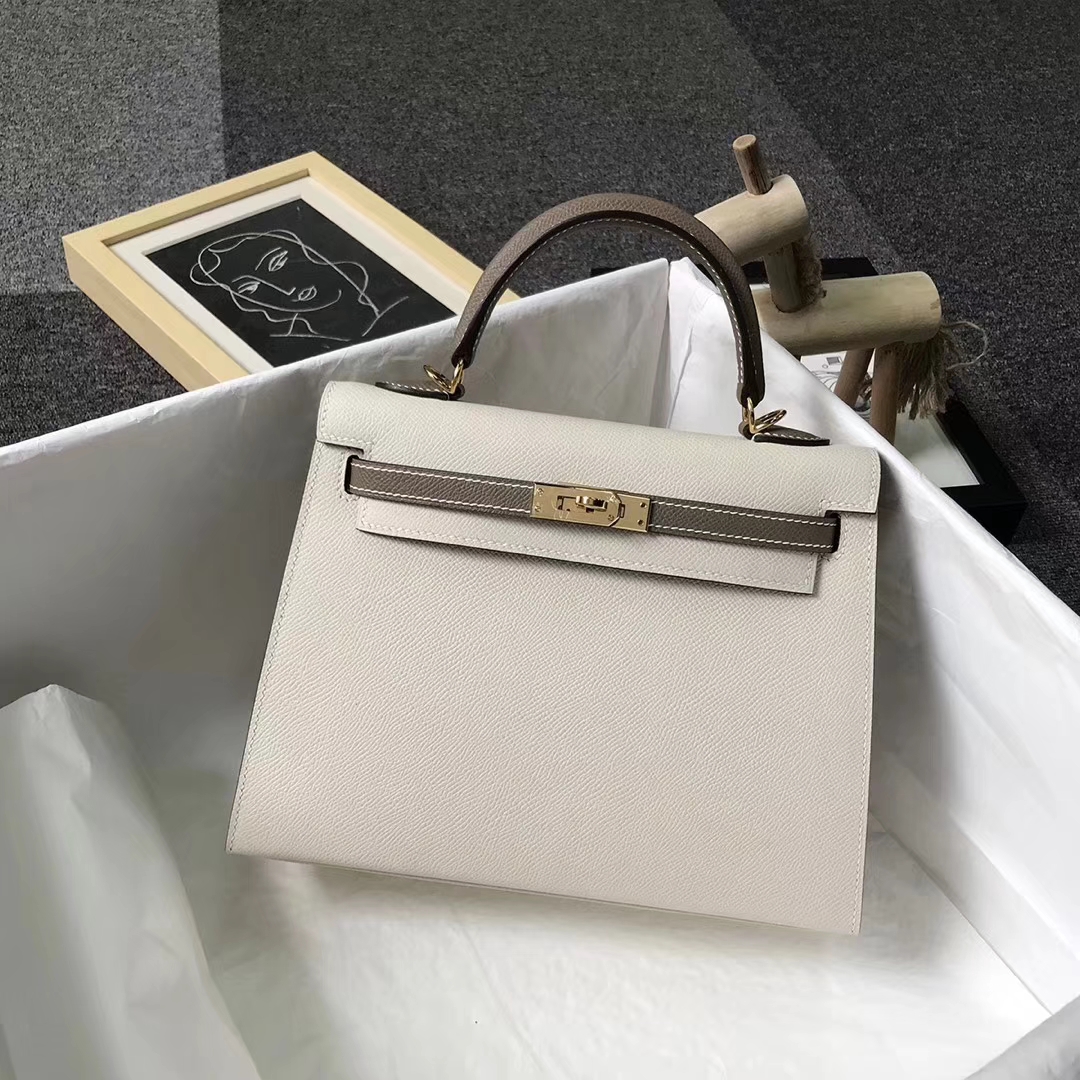 Hermès（爱马仕）奶昔白拼大象灰 epsom皮 Kelly25 外缝 金扣