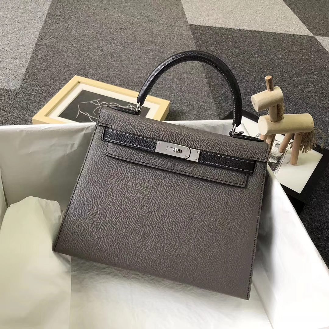 Hermès（爱马仕）锡器灰拼黑色 原厂御用顶级Epsom 皮 Kelly 28 外缝 银扣