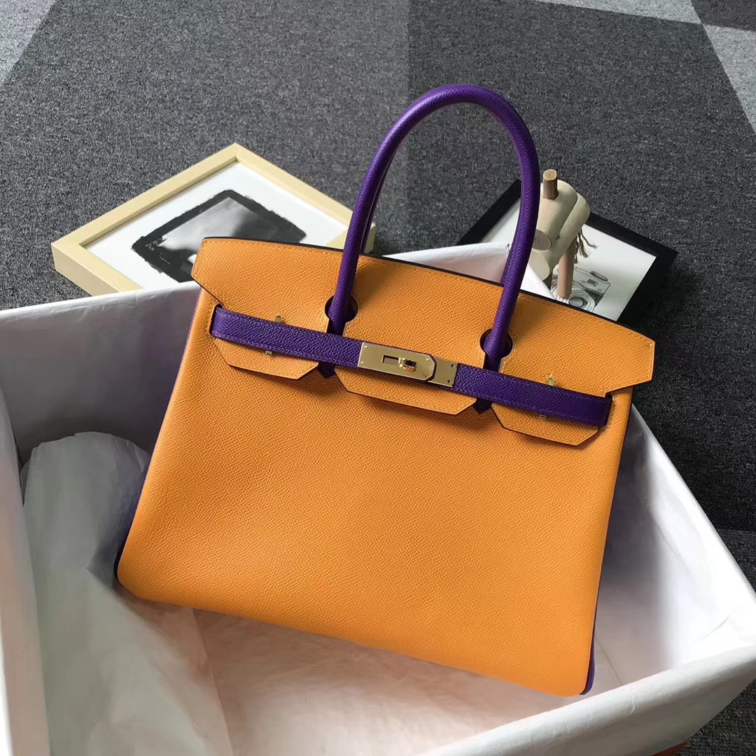 Hermès（爱马仕）9V太阳金黄拼9W梦幻紫 原厂御用顶级Epsom 皮 Birkin 30 金扣