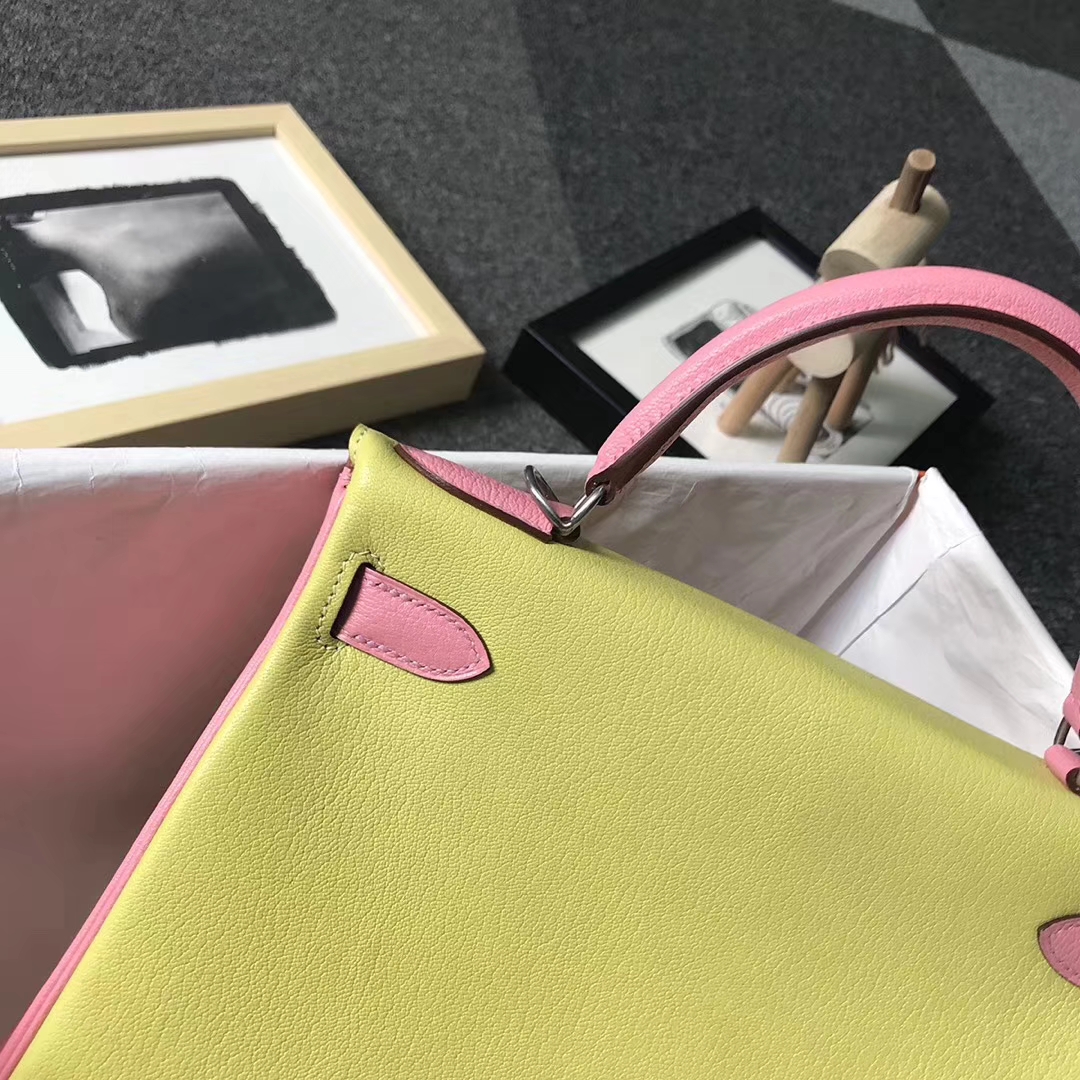 Hermès（爱马仕）橙色拼鹅蛋黄拼奶昔粉 原厂御用顶级山羊皮 Kelly 28 内缝 银扣