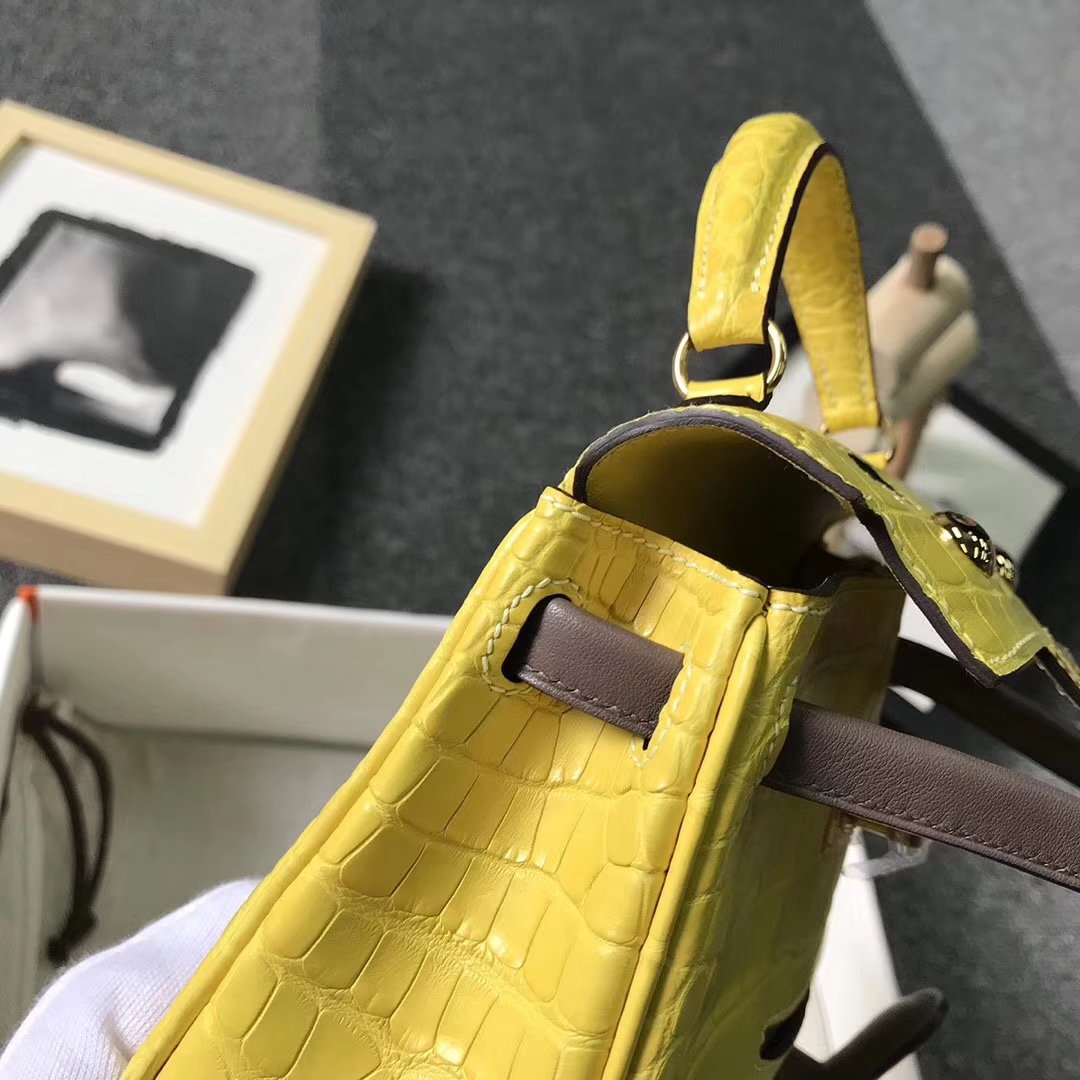 Hermès（爱马仕）琥珀黄拼大象灰 鳄鱼皮 Kelly doll 金扣