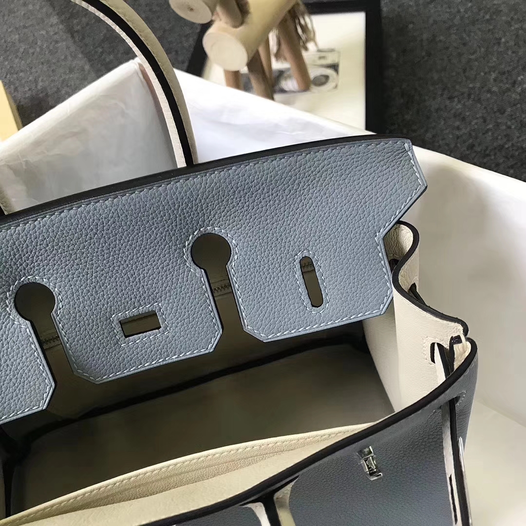 Hermès（爱马仕）J7 亚麻蓝拼奶昔白 原厂御用顶级小牛皮 Birkin 25 银扣